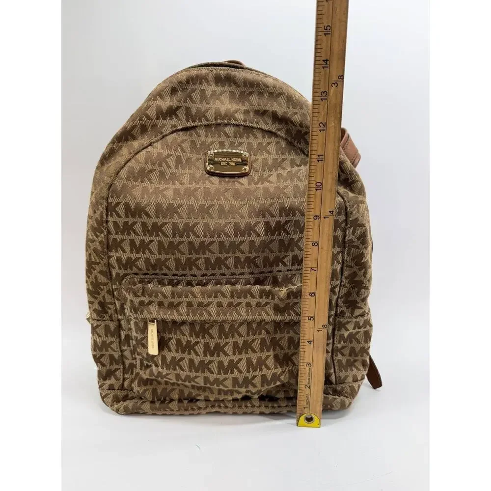 Michael Kors MK Logo Backpack Brown Tan Canvas Leather Trim Small Backpack